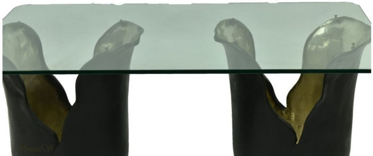 Designer Couchtisch Schwarz / Gold 120 x 75 x H. 53 cm - Wohnzimmertisch mit Glasplatte - Designermöbel