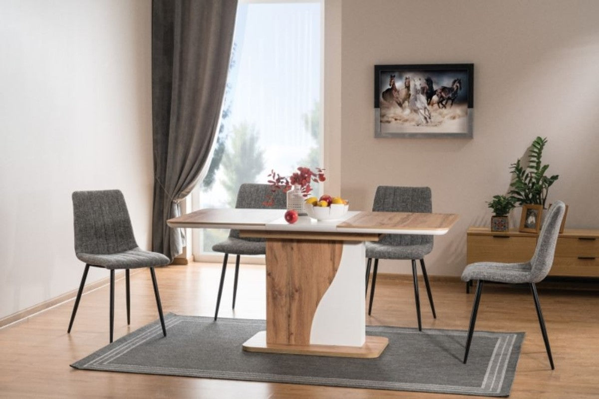 Designer Esstisch Naturfarben / Matt Weiß 120-160 x 80 x H. 76 cm - Moderner rechteckiger ausziehbarer Küchentisch - Küchen Möbel