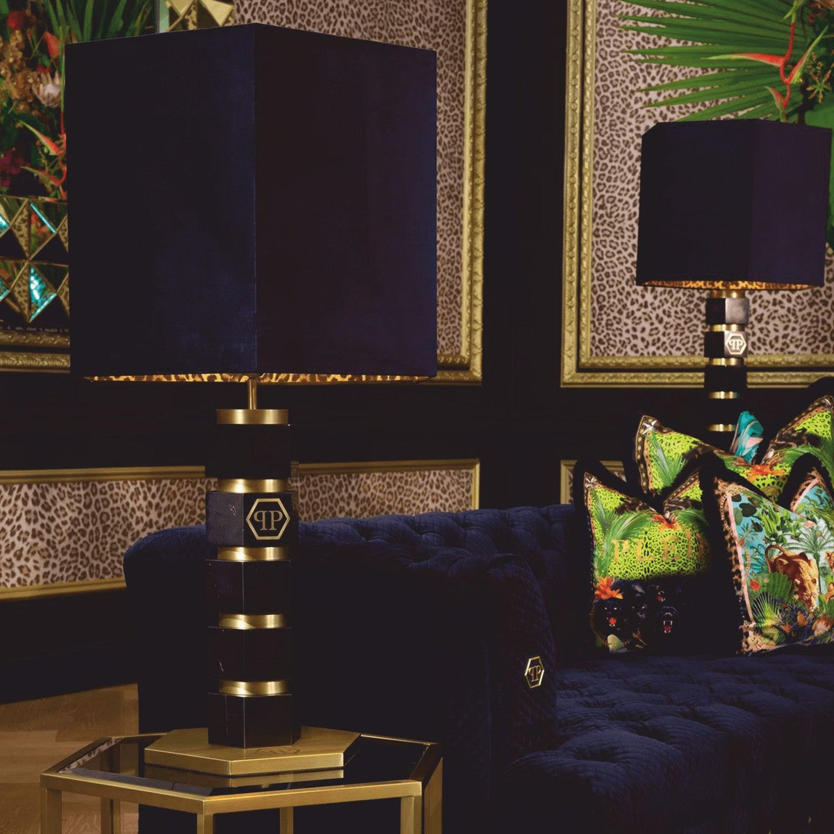 Philipp Plein Luxus Marmor Tischleuchte H. 76 cm Schwarz / Messing / Leopard - Luxus Qualität