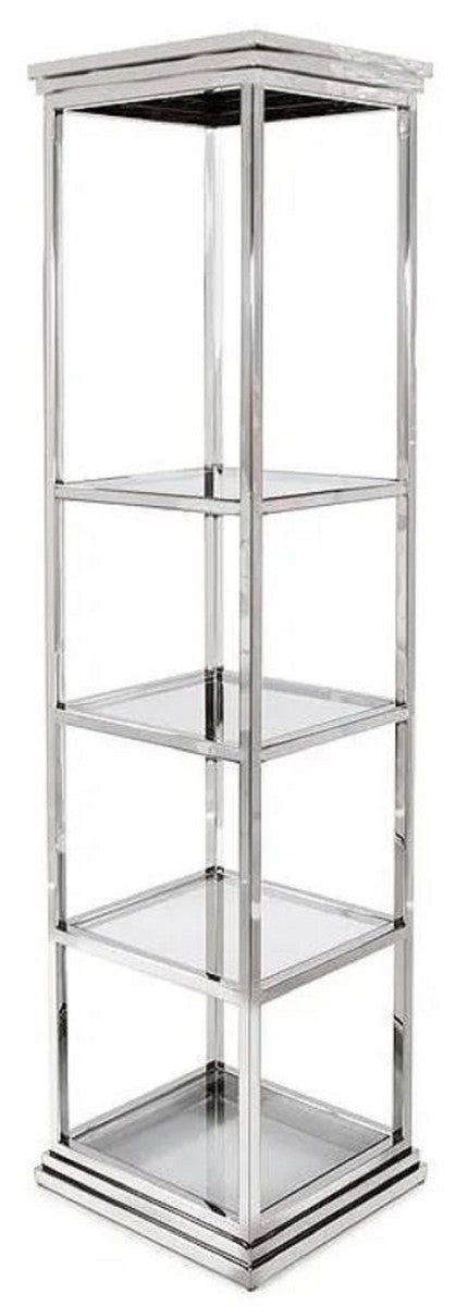 Metall Regalschrank mit Glasregalen Silber 50 x 45 x H. 190 cm - Wohnzimmer Schrank - Wohnzimmer Möbel - Metall Möbel - Luxus Möbel