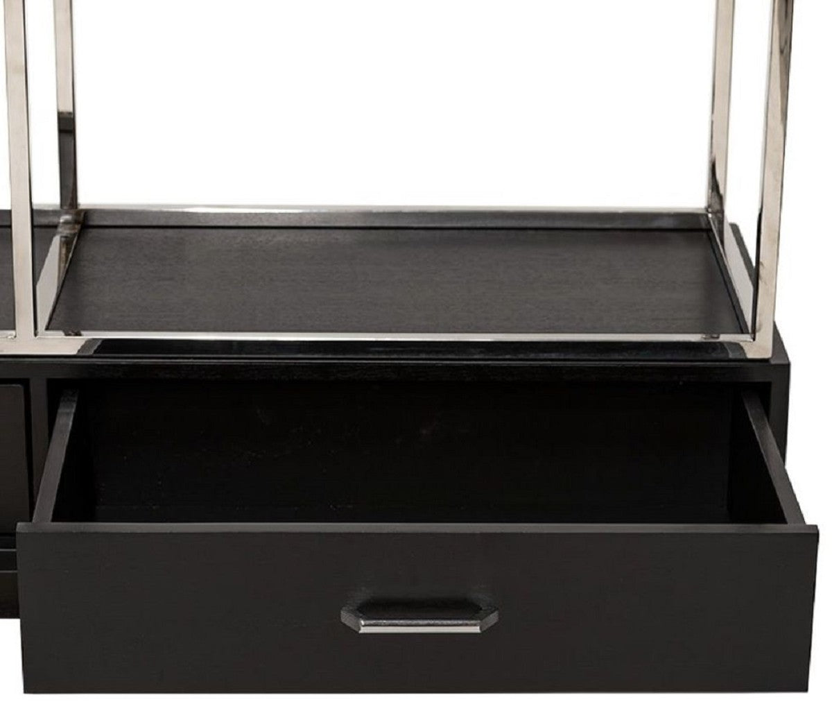 Regalschrank mit Leiter Silber / Schwarz 220 x 45 x H. 240 cm - Bücherschrank - Wohnzimmer Schrank - Büro Schrank - Wohnzimmer Möbel - Büro Möbel - Luxus Möbel