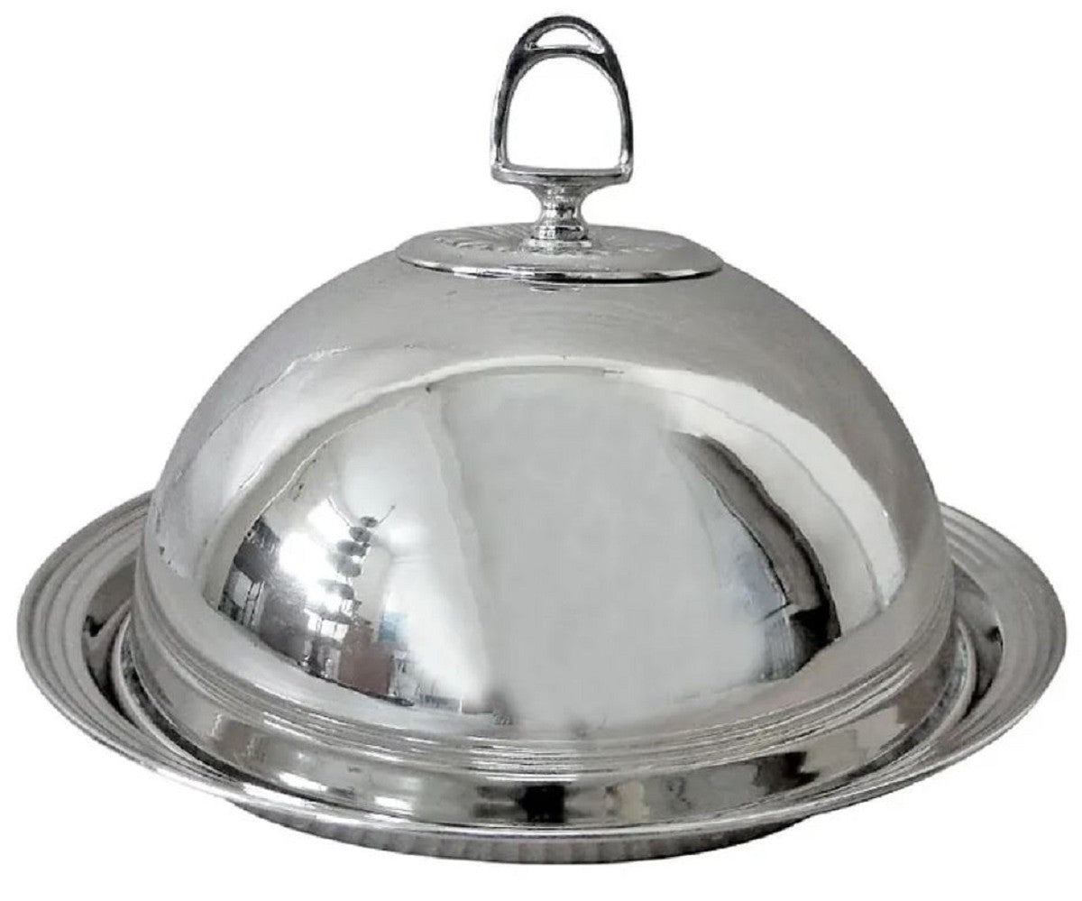 Jugendstil Servierschale mit Deckel Silber Ø 30 x H. 19 cm - Rundes Messing Serviertablett - Gastronomie Accessoires - Restaurant Accessoires - Hotel Accessoires