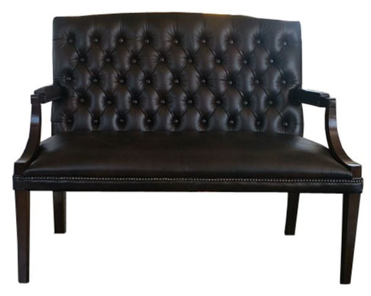 Chesterfield Echtleder 2er Sitzbank mit Armlehnen Schwarz / Dunkelbraun 120 x 60 x H. 100 cm - Luxus Möbel