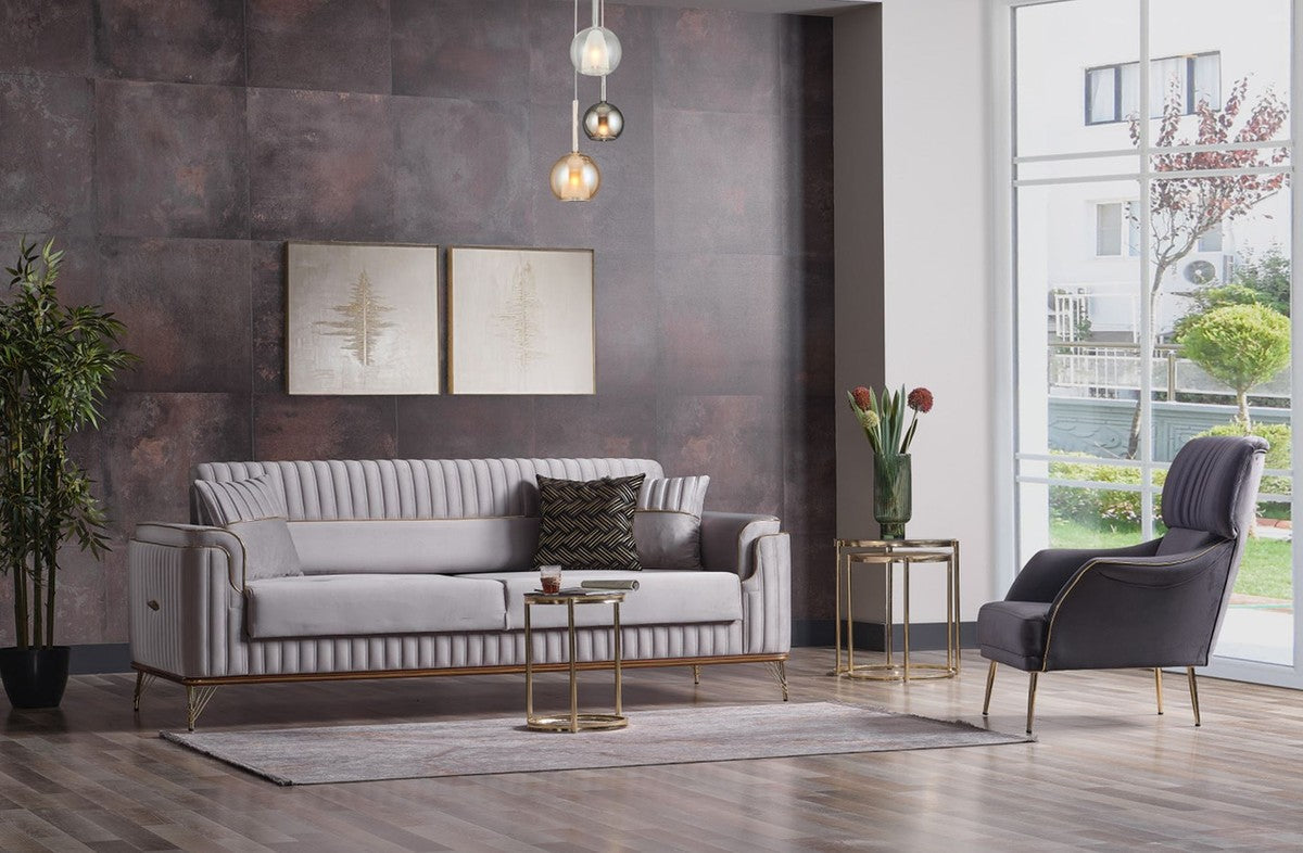 Luxus Wohnzimmer Sofa mit Schlaffunktion Grau / Gold 225 cm - Luxus Möbel