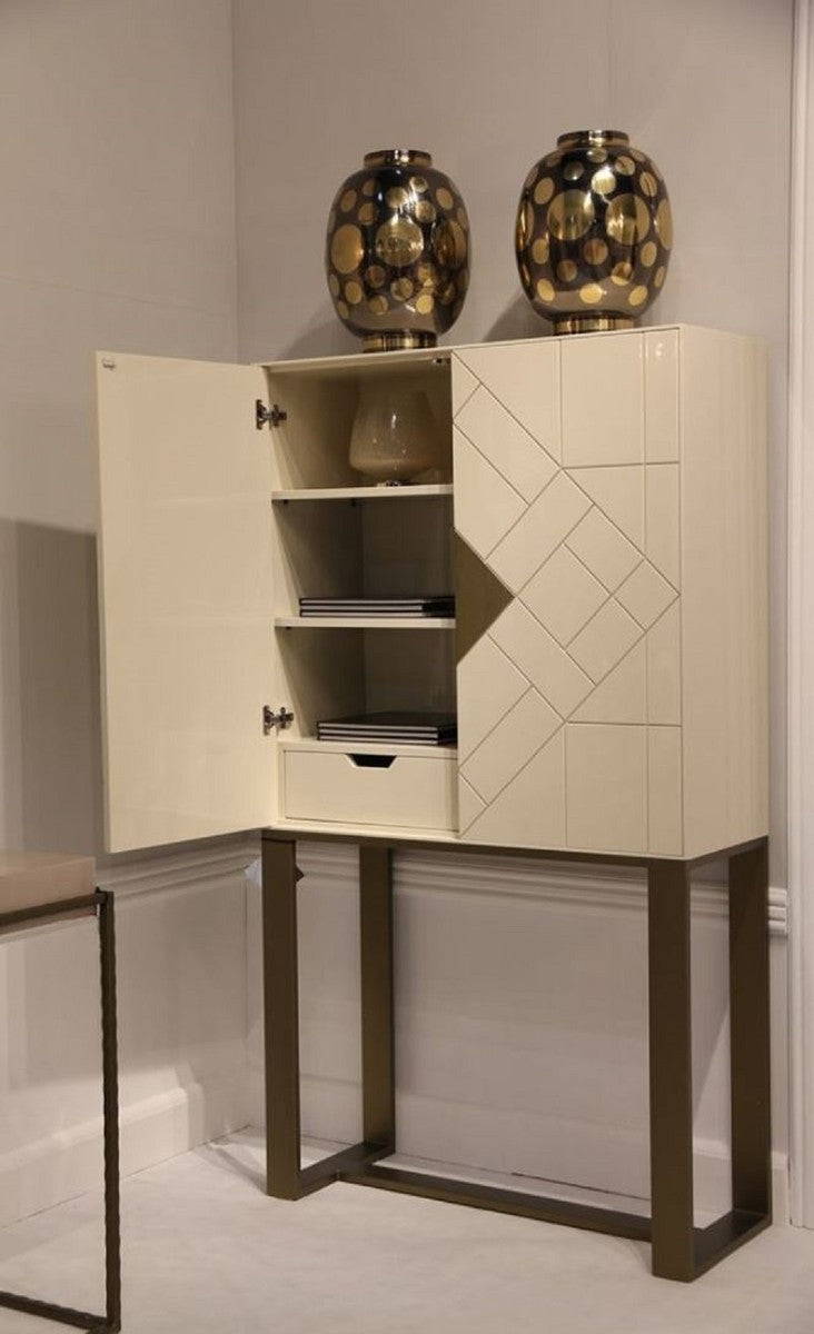 Designer Wohnzimmerschrank Creme / Messing 100 x 40 x H. 180 cm - Wohnzimmer Möbel - Luxus Qualität