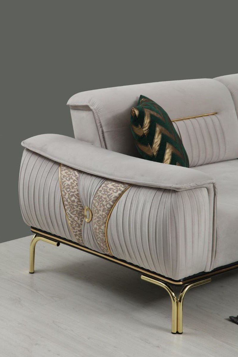 Luxus Wohnzimmer Sofa mit verstellbarer Rückenlehne Grau / Beige / Gold 223 x 93 x H. 78 cm - Luxus Wohnzimmer Möbel