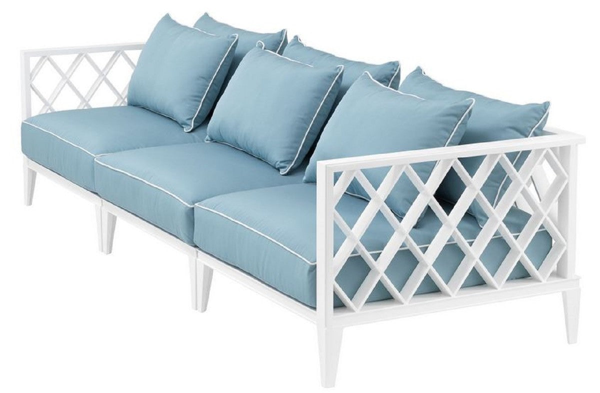 Luxus Wohnzimmer Sofa mit Kissen Weiß / Hellblau 275,5 x 93 x H. 69 cm - Wohnzimmermöbel