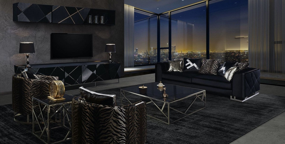 Luxus Wohnzimmer Sofa mit dekorativen Kissen Schwarz / Silber 237 x 96 x H. 66 cm - Luxus Wohnzimmer Möbel