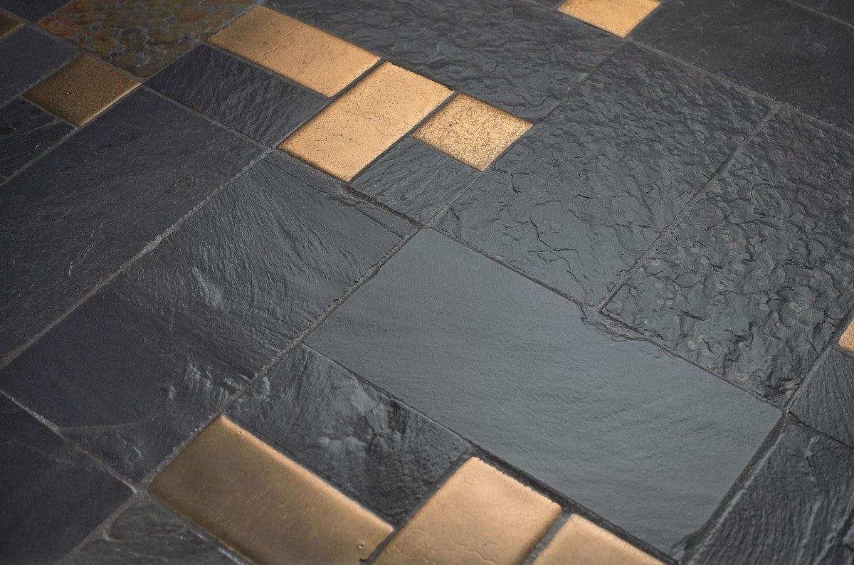 Luxus Wohnzimmertisch Mehrfarbig / Schwarz Ø 50 x H. 53 cm - Runder Couchtisch mit Schieferplatten & Keramik Fliesen