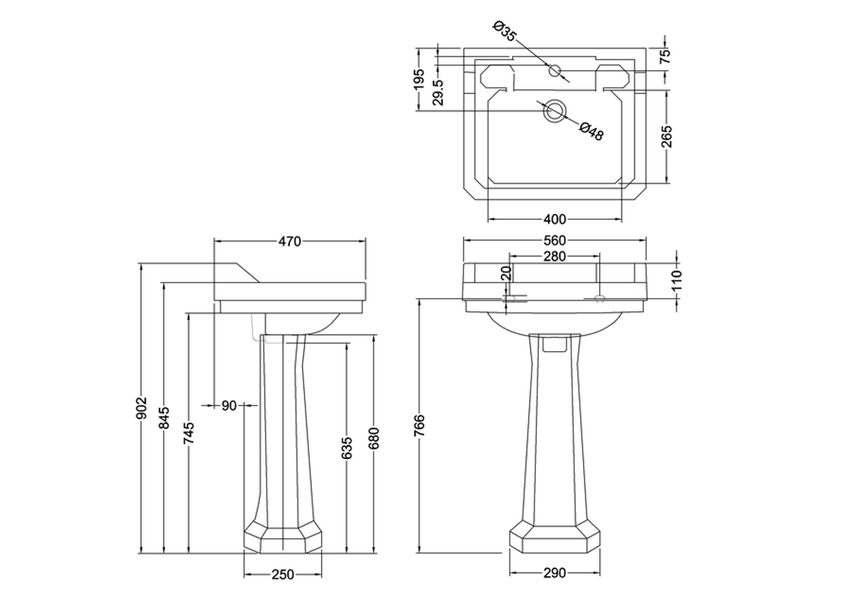 Jugendstil Porzellan Waschbecken mit Sockel 56 x 47 x H. 90 cm mit floralem Muster - Luxus Kollektion