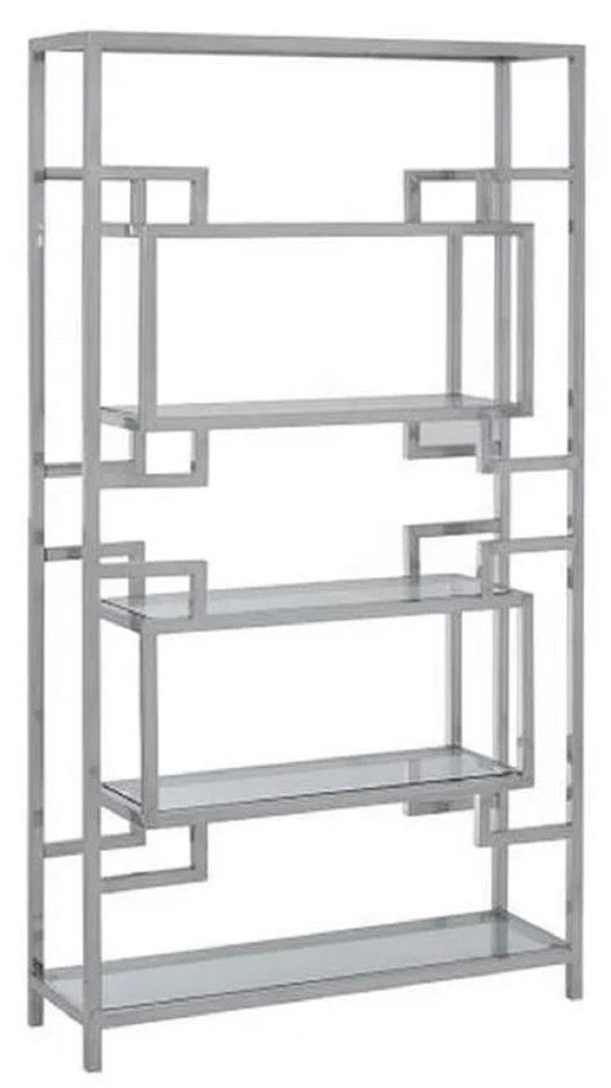Regalschrank mit Glasregalen Silber 100 x 30 x H. 180 cm - Bücherschrank - Wohnzimmer Schrank - Büro Schrank - Wohnzimmer Möbel - Büro Möbel - Luxus Möbel