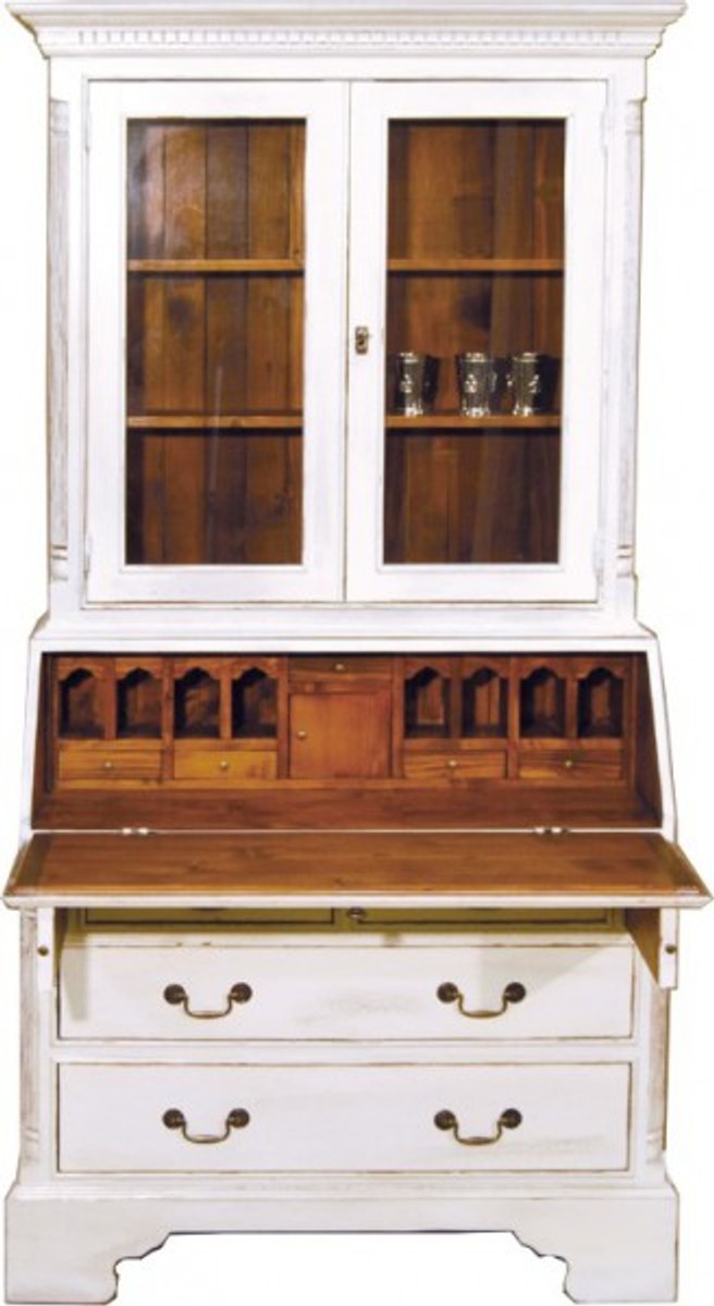 Vintage Sekretär Schrank Antik Stil Weiss / Holzfarben H 210 x B 110 cm - Vitrine Regal Schrank Shabby Chic Hotel Möbel