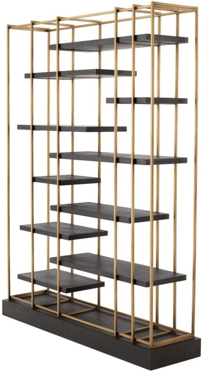 Luxus Wohnzimmer Regalschrank Dunkelgrau / Messing 166 x 45 x H. 222 cm - Wohnzimmerschrank