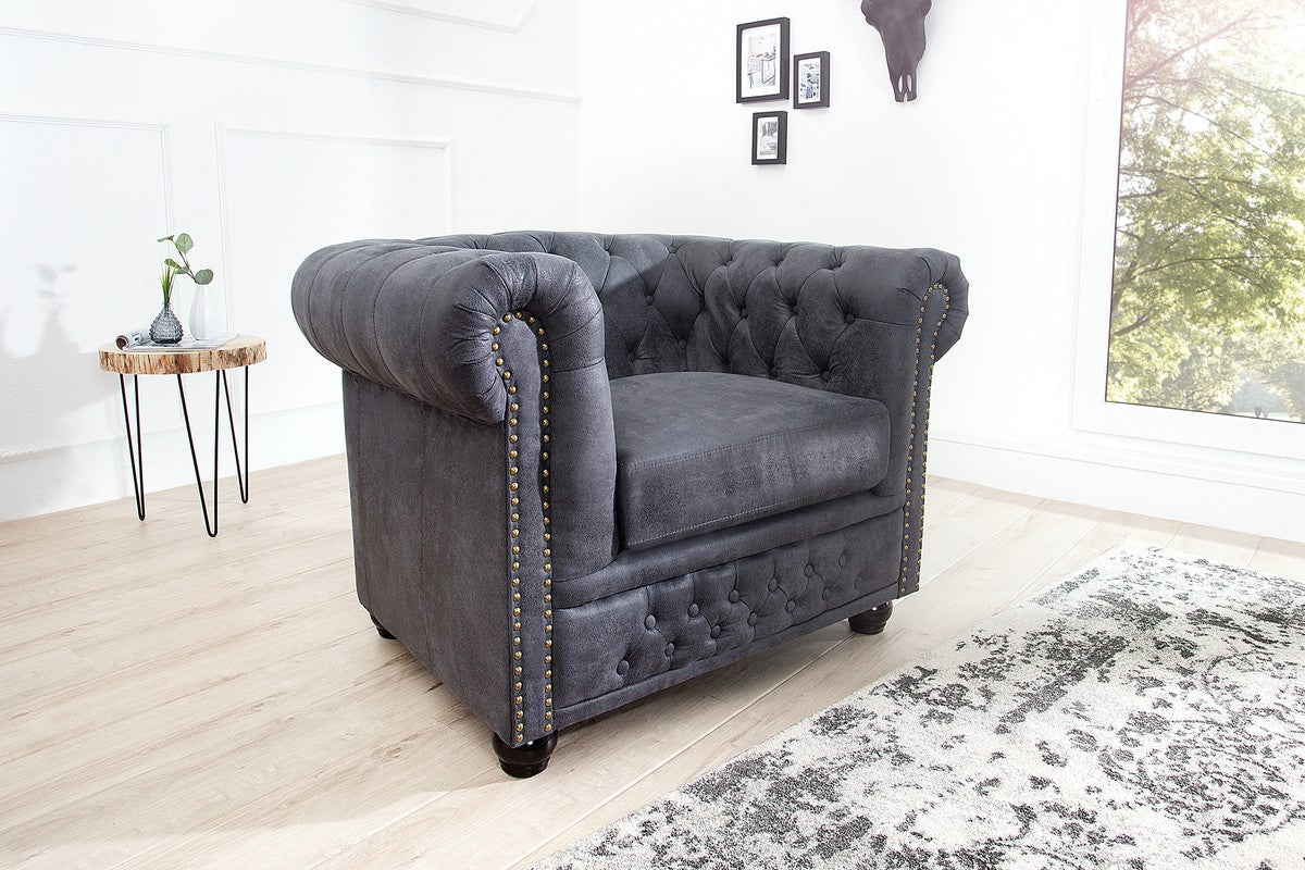 Chesterfield Sessel Antikgrau - Lounge Sessel Antik grau - Wohnzimmer Sessel