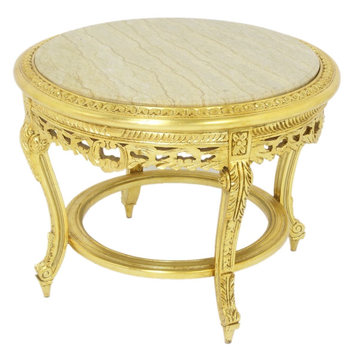 Großer Barock Beistelltisch mit Marmorplatte Gold / Creme Ø 70 x H. 45 cm - Runder Antik Stil Tisch - Barock Wohnzimmer Möbel