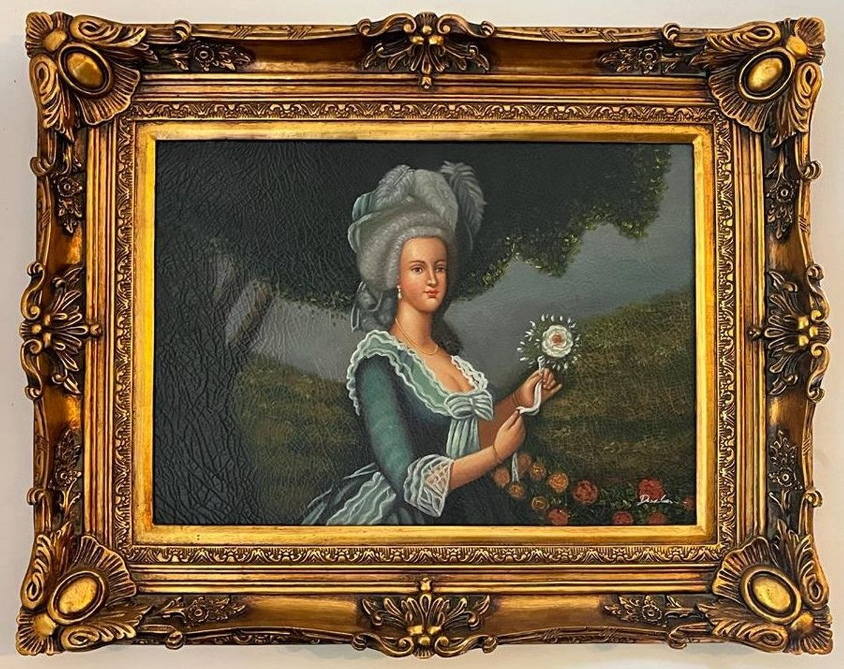 Barock Ölgemälde Gräfin Mehrfarbig / Gold - Handgemaltes Antik Stil Gemälde mit Prunk Rahmen - Wand Deko im Barockstil - Barock Deko Accessoires