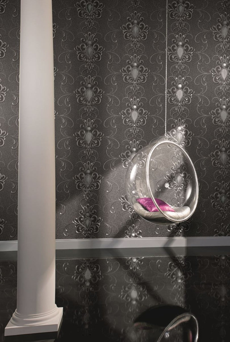 Harald Glööckler Designer Barock Vliestapete 58560 - Ornamente mit Strasssteinen - Grau / Anthrazit