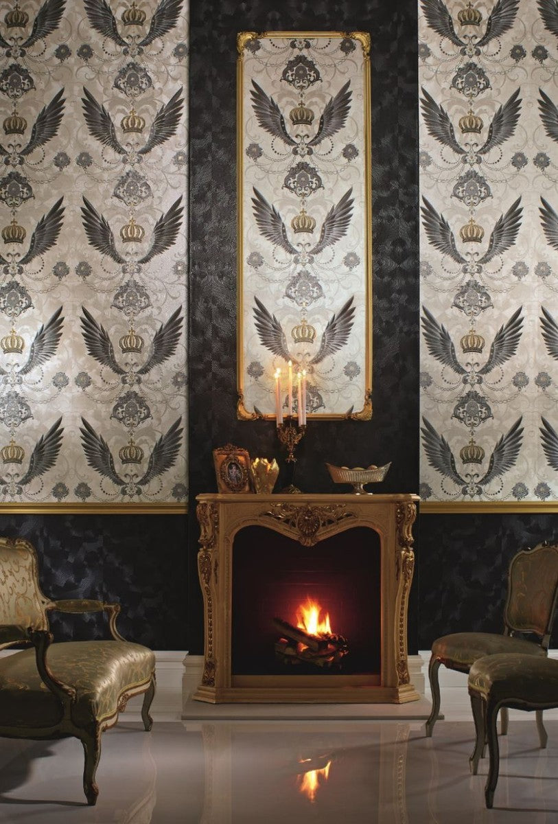 Harald Glööckler Designer Barock Vliestapete 54456 - Adlerschwingen - Weiß / Grau / Silber