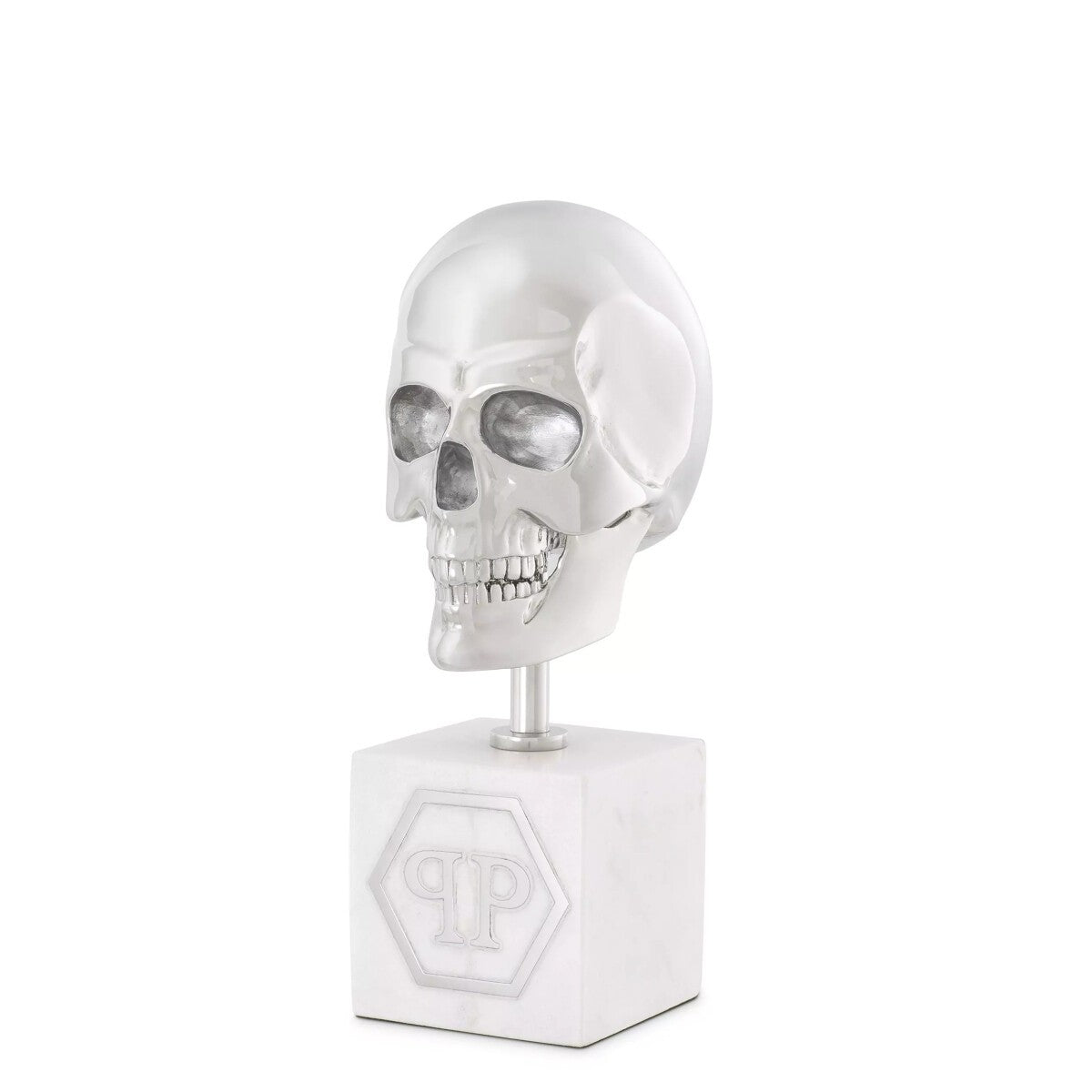 Philipp Plein Luxus Designer Deko Totenkopf Platinfarben / Weiß H. 20cm - Skull Skulptur aus Marmorsockel