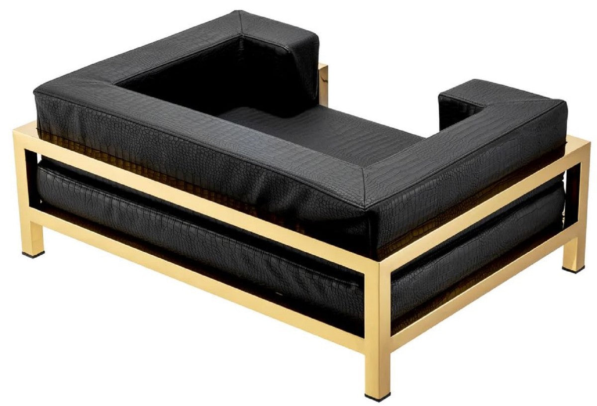 Philipp Plein Luxus Designer Leder Hundebett Schwarz / Gold H. 84 cm