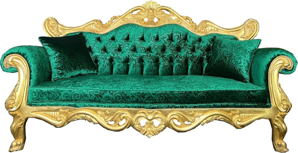 Pompöös by Luxus Barock 3er Sofa Grün Bouquet Muster / Gold - Pompööses Barock Sofa designed by Harald Glööckler - Barock Wohnzimmer Möbel