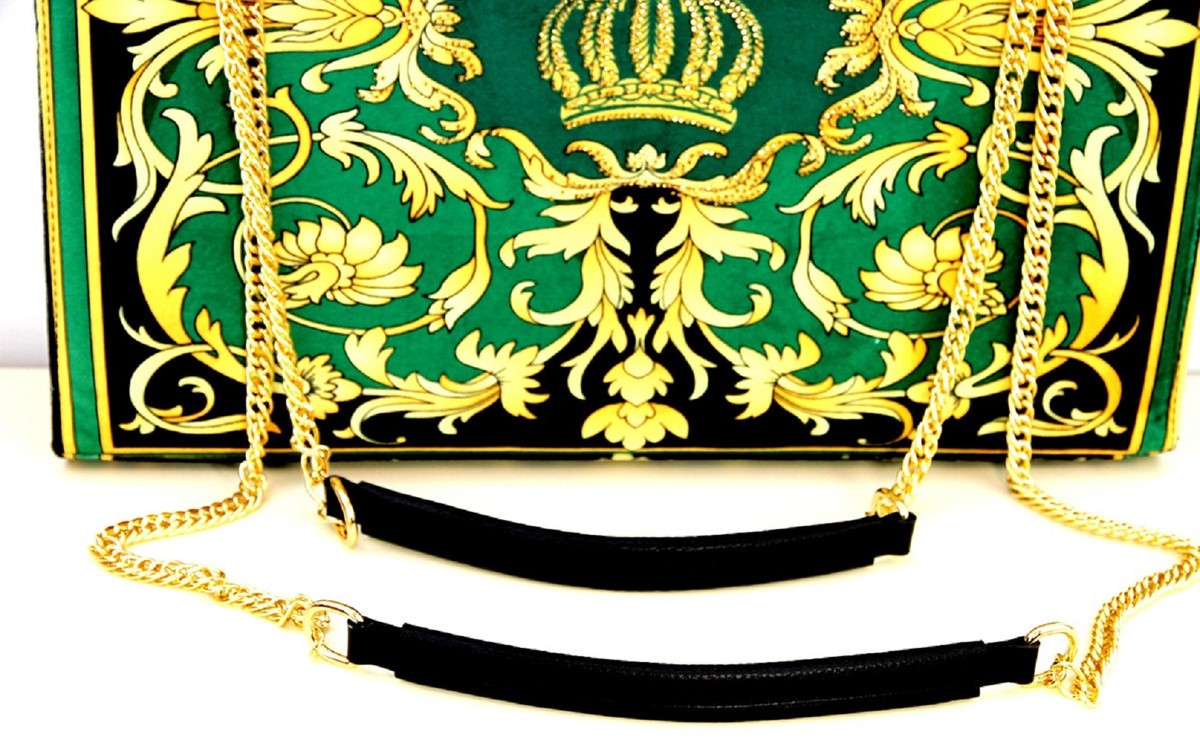 Pompöös by Damen Luxus Handtaschen Set Baroque Flowers mit Krone und Strass Steine Grün / Schwarz / Gold - Pompööse Damen Handtaschen designed by Harald Glööckler