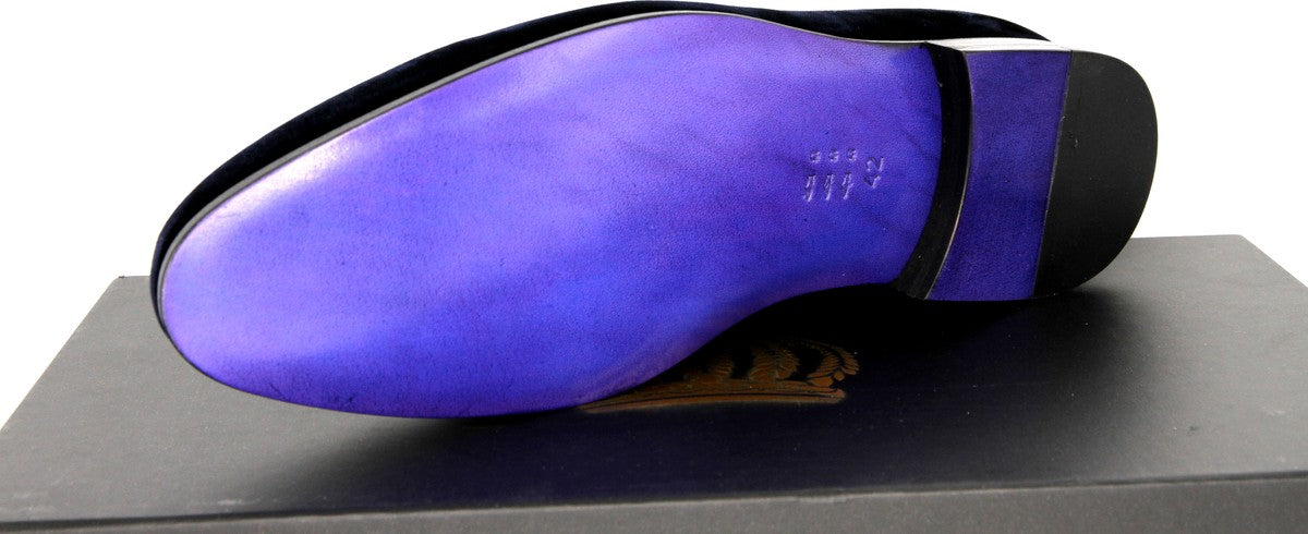 Pompöös by Luxus Samt Slipper Krone Nachtblau / Gold - Verschiedene Schuhgrößen - designed by Harald Glööckler