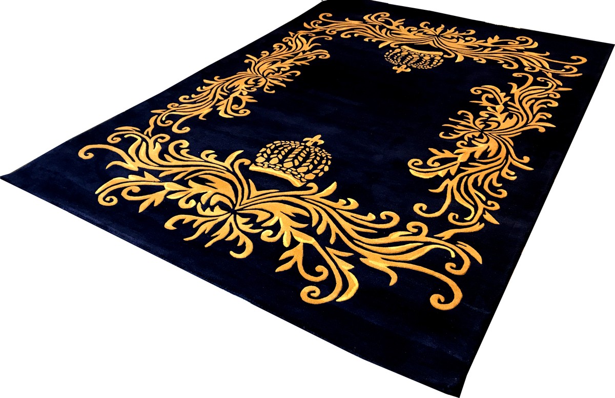 Pompöös by Luxus Teppich von Harald Glööckler 200 x 290 cm Krone Royalblau / Gold - Barock Design Teppich - Handgewebt aus Wolle