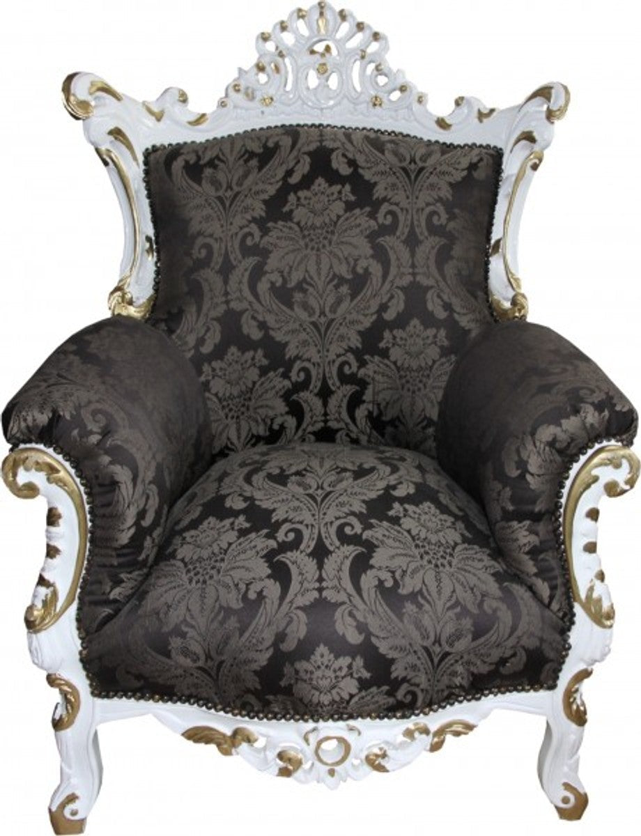 Barock Sessel Al Capone Schwarz Muster / Weiß mit Gold Bemalung - Antik Stil Wohnzimmer Möbel - Limited Edition