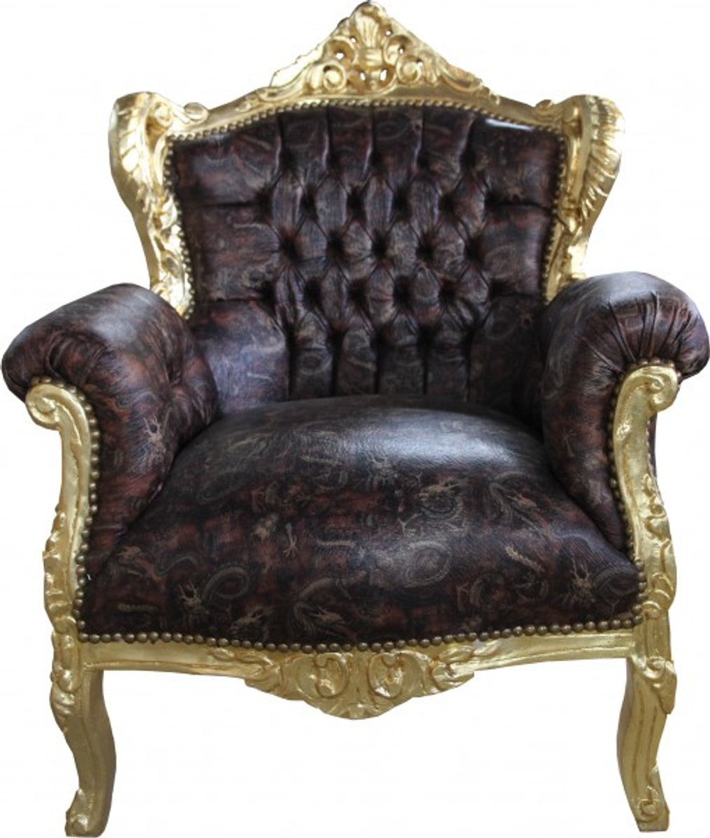 Barock Sessel Lord Braun/Gold Lederoptik - Antik Stil