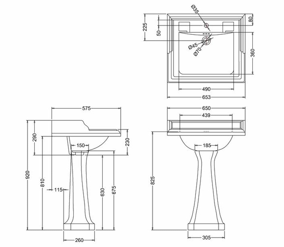 Art Deco Waschbecken mit Sockel 65 x 57,5 x H. 92 cm - Luxus Hotel Kollektion