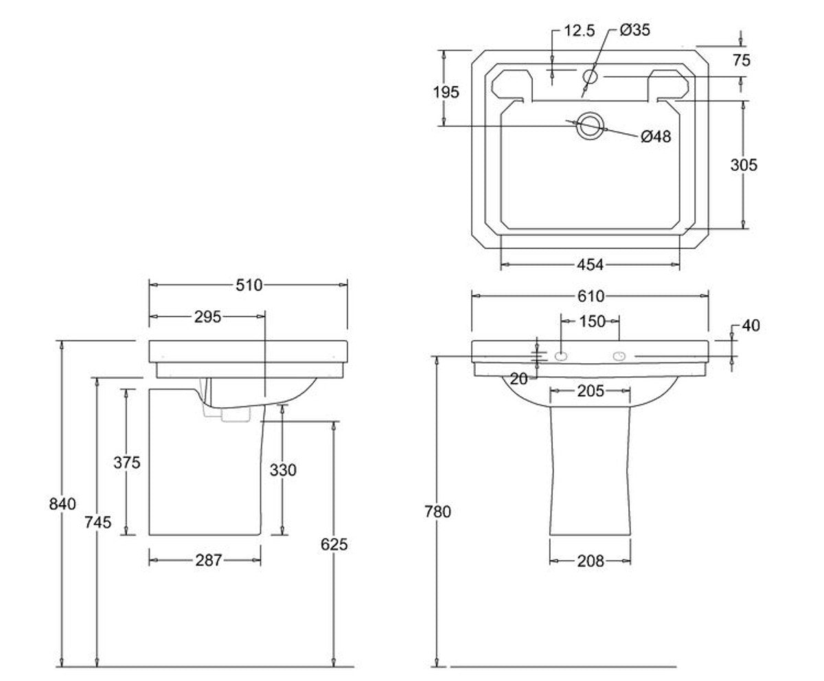 Luxus Waschbecken mit halben Sockel 61 x 51 x H. 50 cm - Porzellan Waschbecken
