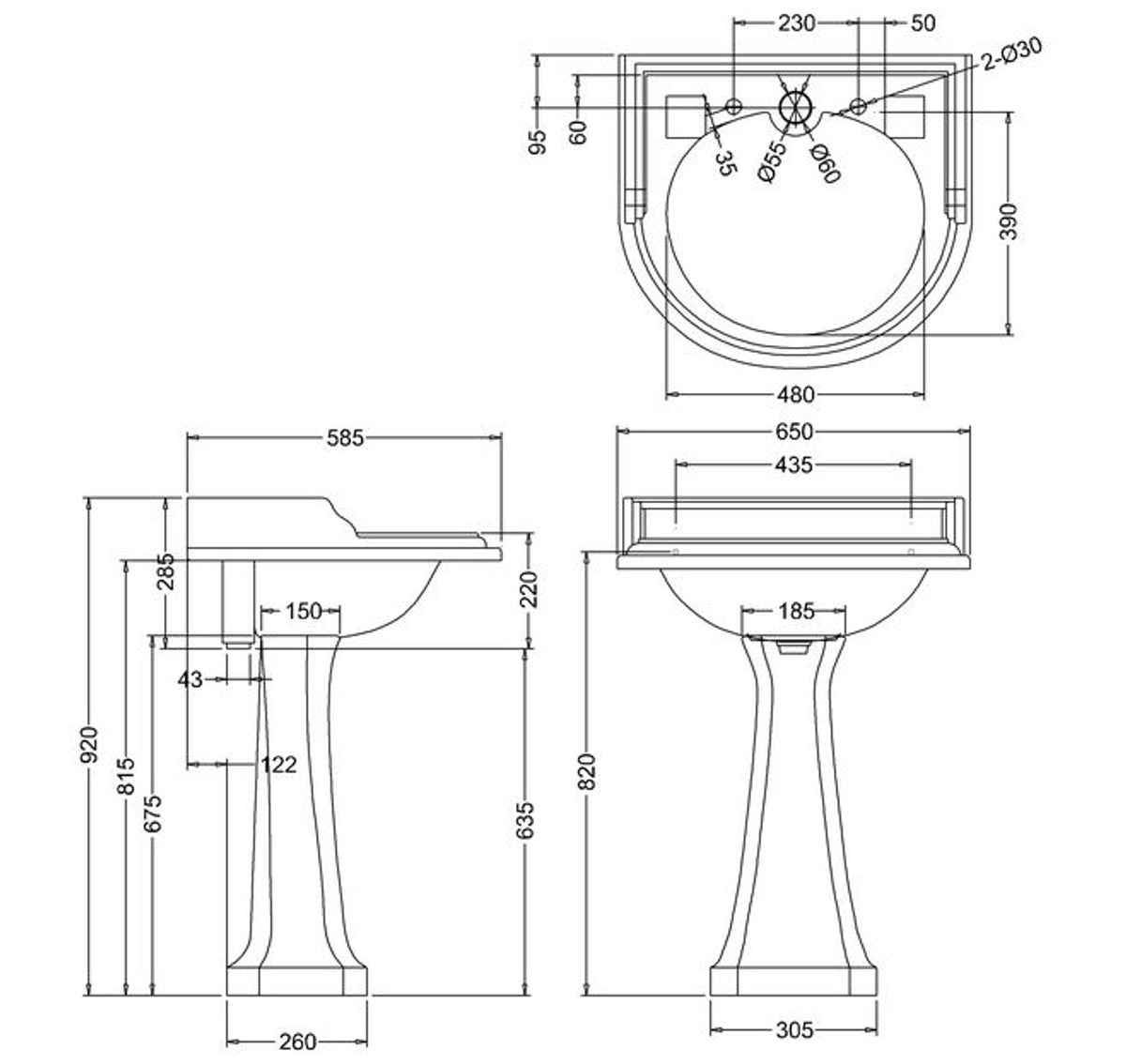 Art Deco Waschbecken mit 2 Hahnlöchern - Porzellan Waschbecken