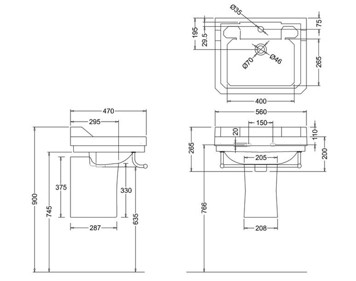 Porzellan Waschbecken mit halben Sockel 56 x 47 x H. 56 cm