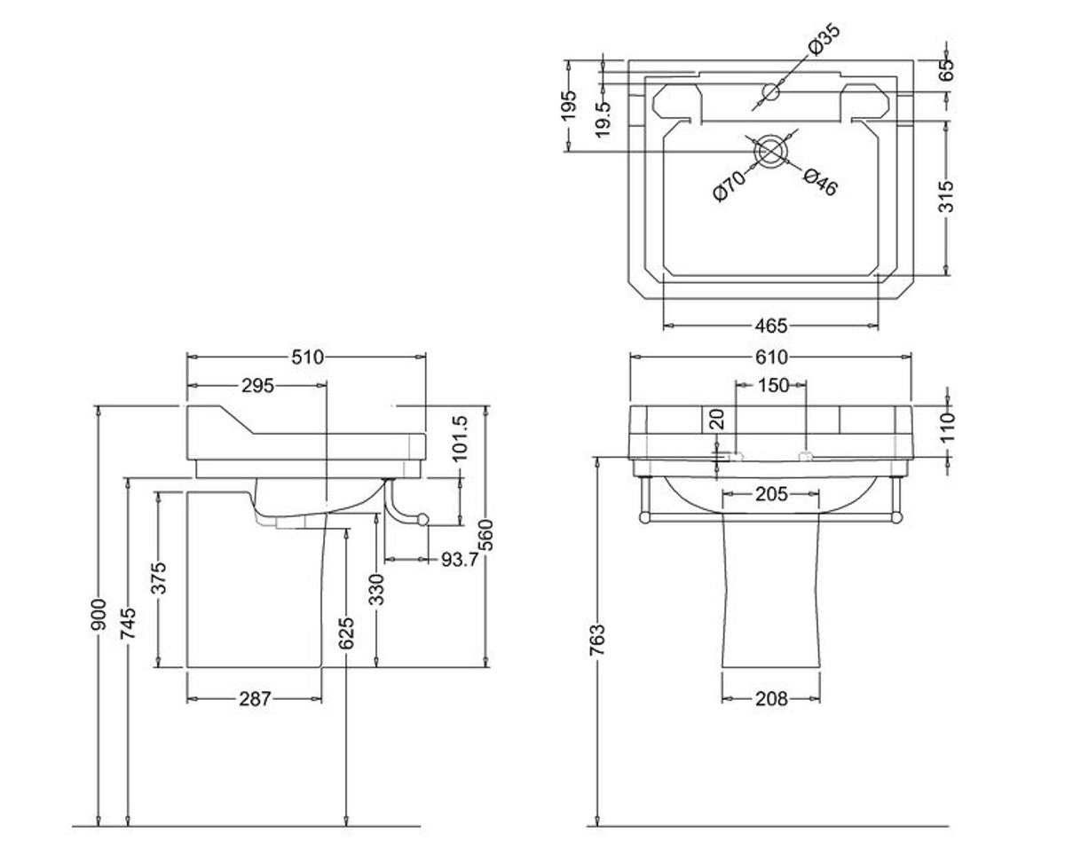 Porzellan Waschbecken mit halben Sockel und Handtuchhalter 61 x 51 x H. 56 cm