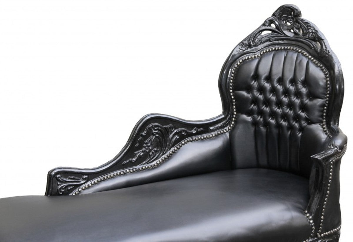 Barock Chaiselongue Schwarz / Schwarz Lederoptik - Barock Möbel Liege Recamiere