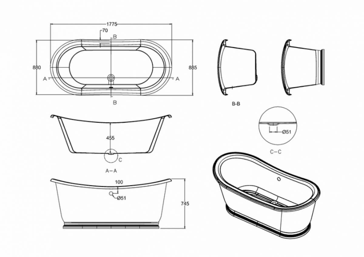 Badewanne freistehend 1650mm BAdm165 - Freistehende Retro Antik Badewanne