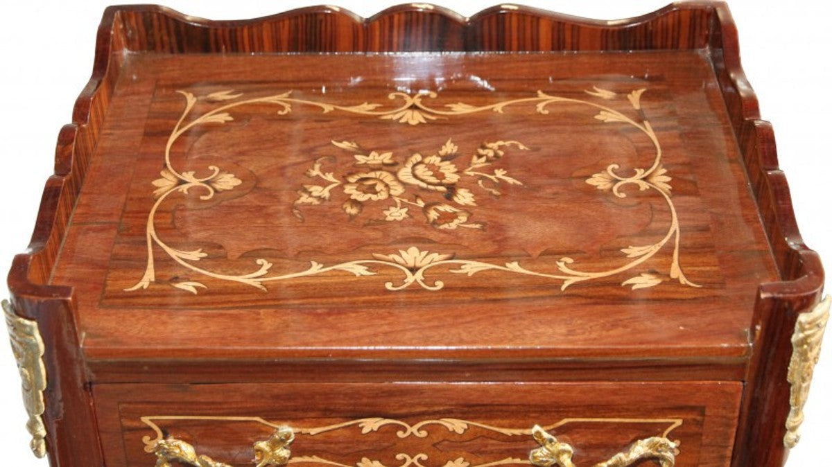 Barock Kommode mit 3 Schubladen Braun Intarsien H 82 cm, B 42 cm - Modell Mahagoni - Nachttisch Konsole