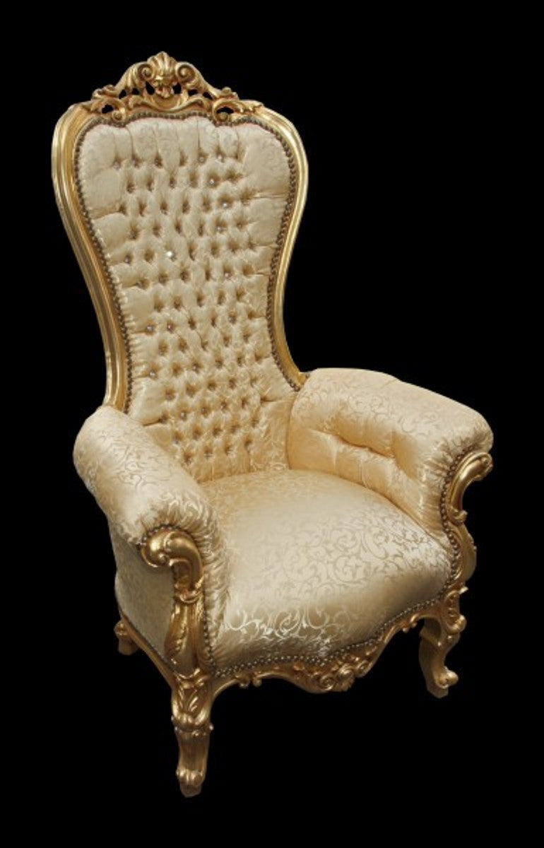 Barock Thron Sessel Majestic Medium Gold Muster / Gold mit Bling Bling Glitzersteinen - Riesensessel - Thron Stuhl Tron