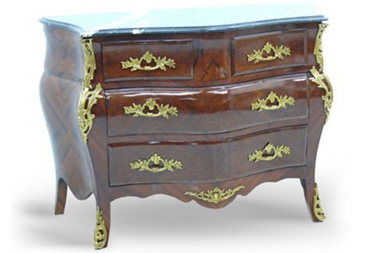 Barock Kommode mit Marmorplatte Mahagonie Braun mit goldenen Metallapplikationen 123 cm - Hotel Collection
