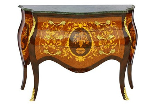 Barock Kommode mit Marmorplatte Mahagonie Braun mit goldenen Metallapplikationen 121 cm - Hotel Collection