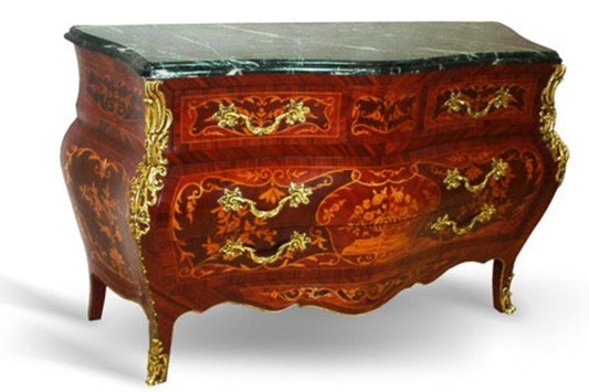 Barock Kommode mit Marmorplatte Mahagoni Braun mit goldenen Metallapplikationen 155 cm - Hotel Collection