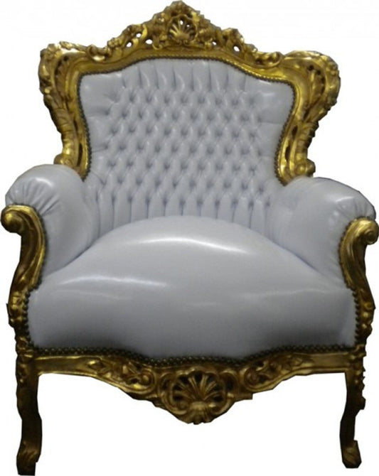 Barock Sessel King Weiß/Gold Lederoptik