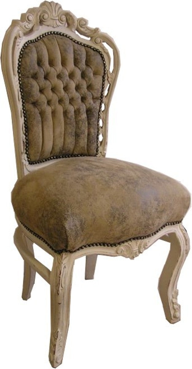 Barock Esszimmer Stuhl Hellbraun / Creme Lederoptik