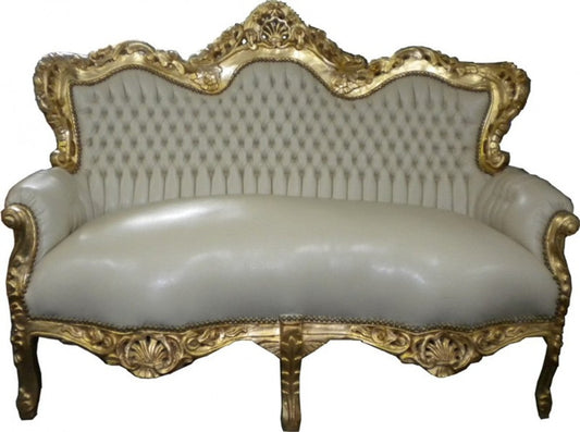 Barock Sofa Garnitur Master Creme/Gold Lederoptik