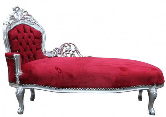 Barock Chaiselongue King Bordeaux Rot /Silber mit Bling Bling Glitzersteinen