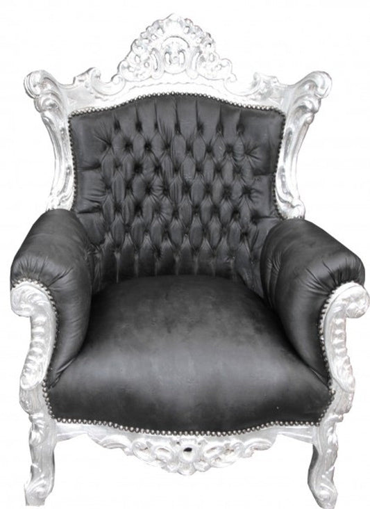 Barock Sessel Al Capone Schwarz Lederoptik/ Silber - Antik Stil