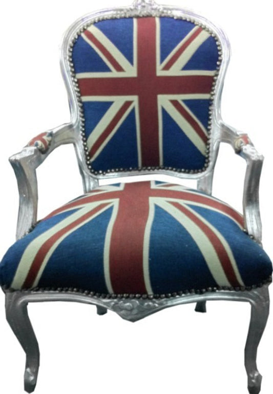 Barock Salon Stuhl Union Jack Design / Silber