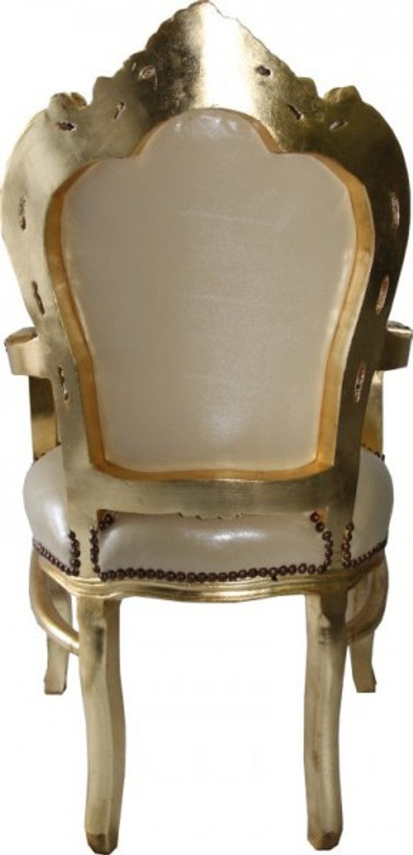 Barock Esszimmer Stuhl mit Armlehnen Creme Lederoptik / Gold - Möbel