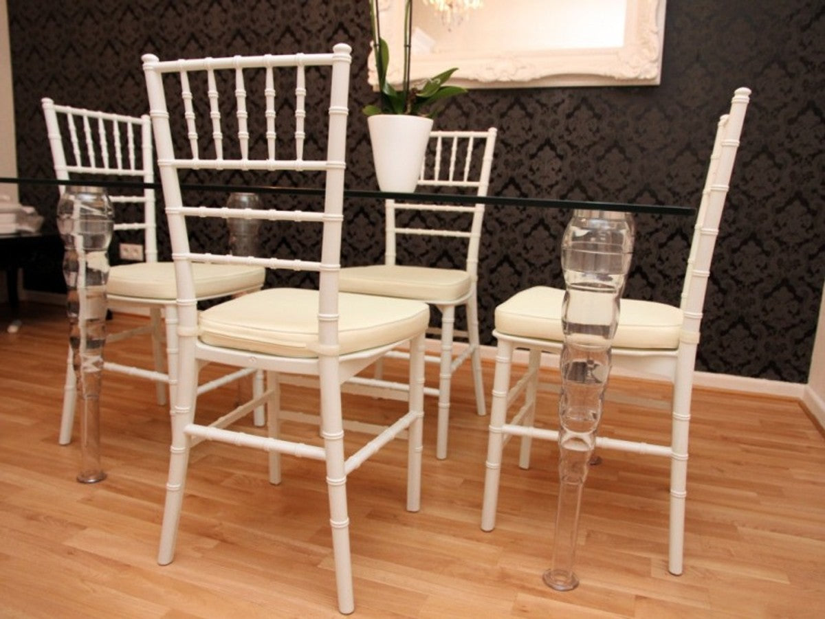 Designer Acryl Esszimmer Set Weiß/Creme - Ghost Chair Table - Polycarbonat Möbel - 1 Tisch + 4 Stühle - Designer Möbel